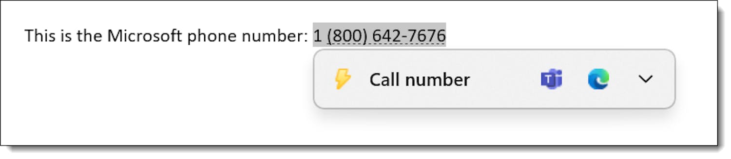Oppringning: Windows 11 foreslår at du ringer telefonnummeret du har kopiert.